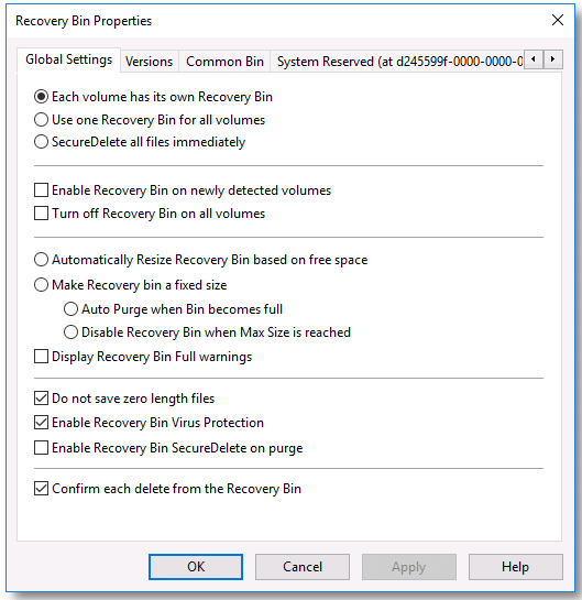 Undelete Server Global settings tab