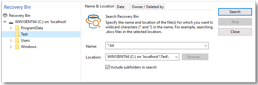 Undelete server search recovery location
